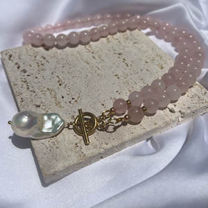 Kalung manik-manik Quartz mawar perhiasan batu permata pernyataan buatan tangan dengan liontin mutiara barok asli - Product Image 2