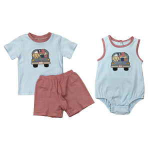 Conjunto de Ropa Casual para Bebé Niño con Estampado del 4 de Julio de EE. UU., 95% Algodón, Pantalones Cortos y Romper Tipo Burbuja - Product Image 1