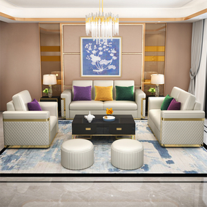 Bộ bàn ghế phòng khách sang trọng màu trắng, chất liệu da PU, khung kim loại mạ vàng, kiểu dáng hiện đại - Product Image 5