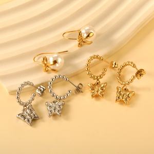 Pendientes de Aro Geométricos con Perlas y Mariposas, Joyería de Acero Inoxidable, Chapados en Oro de 18K, Pendientes Colgantes Elegantes - Product Image 1