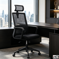 Chaise de bureau ergonomique en maille à dossier haut avec appui-tête réglable, support lombaire, accoudoirs fixes, pivotante et réglable en hauteur pour poste de travail informatique