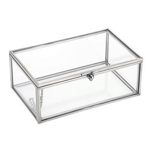 Boîte à bijoux vintage rectangulaire en verre transparent avec cadre en métal argenté et couvercle à charnières pour souvenir de mariage ou rangement de décoration intérieure - Product Image 2