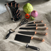 Vente directe d'usine, couteau de haute qualité en acier inoxydable avec manche en plastique, ensemble de 9 couteaux, base de couteau pivotante en or rose, ambidextre