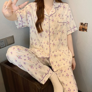 Set di indumenti da notte da donna con stampa floreale dolce con colletto a collo corto pantaloni lunghi a maniche corte <span class=keywords><strong>pigiama</strong></span> <span class=keywords><strong>estivo</strong></span> Casual da donna - Product Image 4