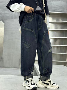 Vaquero suelto de pierna recta informal para niños con bordado "AZZURRO", pretina elástica, múltiples bolsillos, no elástico para todas las estaciones - Product Image 1