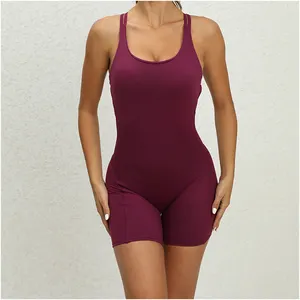 Penjualan laris wanita 2023 tanpa kelim kerah O kustom pakaian olahraga Fitness seksi punggung terbuka set Yoga Fitness wanita abu-abu Jumpsuit