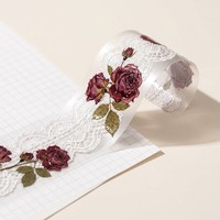 Pita Washi PET Matte Lebar 75mm dengan Tekstur Timbul Tinta Kristal 3D Kustom, Motif Renda Victoria Vintage, dan Bunga Pres