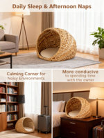 Dôme pour chat en jacinthe d'eau tressée à la main avec coussin en peluche, lit respirant pour animaux de compagnie, niche pour chats d'intérieur et chiot