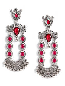 <b>Red</b> Stoned Oxidized Pattern Silver Plated Drop <b>Earrings</b> Trendy Chandelier Style for Gift Main Material Brass - Product Image 4