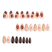 Desain Seni Kuku Prancis Cokelat Emas Mengkilap Gaya Almond Aksen Bunga untuk Salon Pesta Pernikahan Acara Fashion Kuku 4552