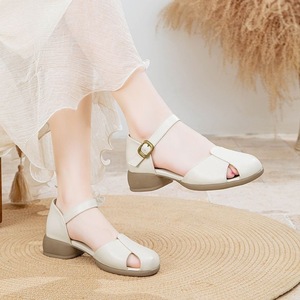 Women's Summer Sandals Mid-Heel TPR Sole Top-Grain Cowhide Solid Color Comfortable Breathable For Mothers - Product Image 3