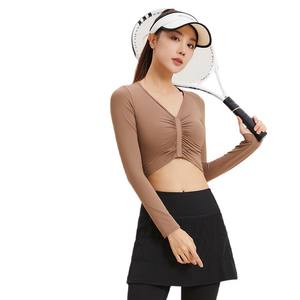 Top corto de lujo para mujer, camiseta de Yoga de manga larga con escote en V profundo para deportes, Fitness, transpirable, Top de entrenamiento para correr, patrón único corto - Product Image 5