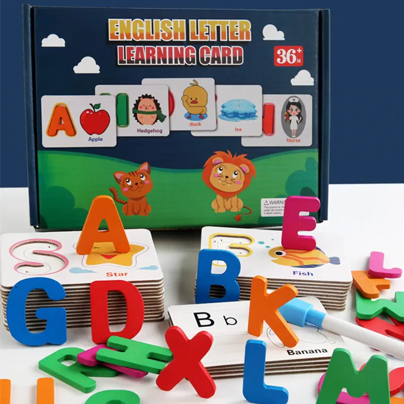 New Early childhood Education Double-sided 3D Alphabet cognitive puzzle blocks Wooden letter matching cards for kids