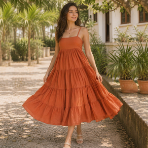 Vestido Maxi de Tirantes Finos en Degradado Naranja, 100% Algodón, Ecológico, Transpirable, Estilo Vintage, Casual, Veraniego, Bohemio, para la Playa - Product Image 1