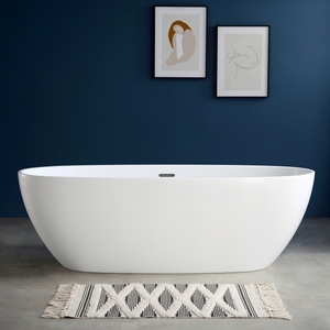 Baignoire autoportante ovale monobloc en acrylique sans joint – Baignoire moderne blanche à dévers central, installation facile pour un confort de luxe - Product Image 1