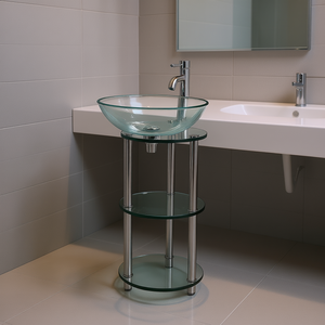 Tempered Glass Wash Basin 48x48cm Round Chrome Finish Above Counter Mounted Bathroom Sink Stainless Steel Stand - Product Image 2