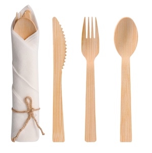 पार्टी के लिए बायोडिग्रेडेबल रैप्ड कटलरी प्री रोल्ड नैपकिन और बांस चाकू कांटा चम्मच - Product Image 1