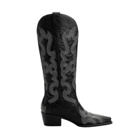 Bottes de cowboy noires cloutées pour femme, style western, mi-mollet, hauteur genou, bout carré, talon haut 4,5 cm, légères, printemps/automne/hiver