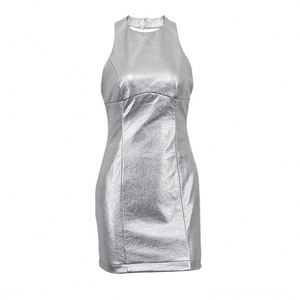 Dropshipping <span class=keywords><strong>ropa</strong></span> <span class=keywords><strong>futurista</strong></span> Y2K señoras espalda descubierta vestido de fiesta sin mangas Chic moda PU plata Sexy Mini Club vestidos - Product Image 4