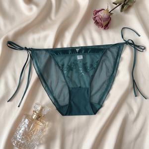 Braguitas de malla con bordado floral para mujer, de color liso, con lazo lateral, transparentes, de cintura media, elegantes, lencería para dama, venta al por mayor - Product Image 3