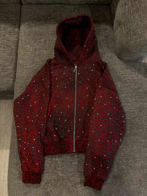 OEM Streetwear Heavyweight Cotton All Over Sublimation Printing Oversized Boxy Rhinestone Leopard Print Zipup Hoodie Men