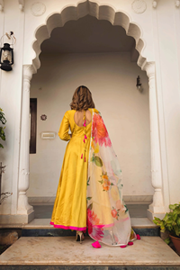 Tốt Nhất Bán Hướng Dương Bông Lụa Màu Vàng Anarkali Với Organza Dupatta Hoa In Thiết Kế Bông Lụa Màu Vàng Anarkali Bộ - Product Image 5