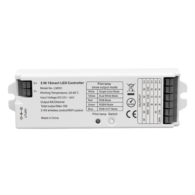 2.4G RF 5-in-1 LED Controller with Remote & APP Control 30m Range 6A/Channel