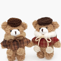 Porte-clés en peluche ours brun Kawaii avec béret tricoté et cape à col fourrure à carreaux, pendentif de sac animal en peluche, cadeau