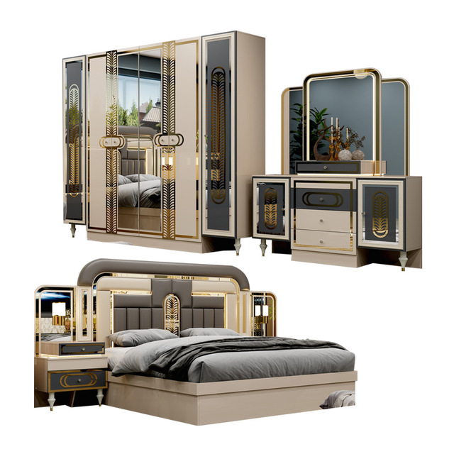 Factory Wholesale Modern Style Luxury Suite Bedroom Furniture Set 5-Piece Set Wardrobe King Bed Bed End Bench Dressing Table