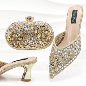 Explosive full diamond pointed toe <b>block</b> heel slippers and goose egg-<b>shaped</b> dinner bag combination set is in stock for one piece - Product Image 5