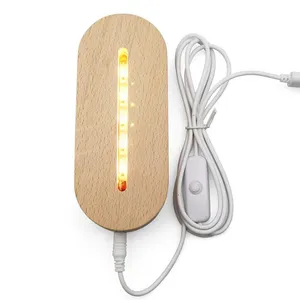 Base de luz de led acrílico, à bateria alimentada por usb, oval, lâmpada noturna, suporte de madeira, madeira, acrílico