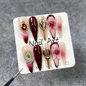 251-255 <span class=keywords><strong>Uñas</strong></span> Postizas Hechas a Mano, Diseño Floral 3D de Flores de Verano, Estilo Francés, Media Cobertura, <span class=keywords><strong>Uñas</strong></span> de Presión - Product Image 3