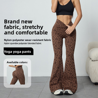 Celana Yoga Wanita High-Waisted Motif Leopard Model Bootcut, Bahan Spandex/Nylon Bernapas, Anti Kusut, Panjang, Ukuran XS