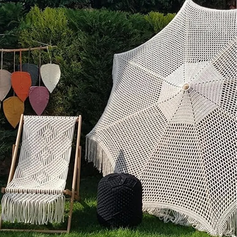 Macrame payung tenun tangan Bohemia tali katun Macrame Parasol tiang kayu buatan tangan rumbai tenun kanopi payung pantai