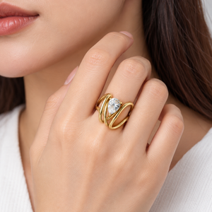 Pear Zircon Multi Band <b>Ring</b> <b>Stainless</b> <b>Steel</b> 14K Gold Vacuum Plated Flowing Gold Tone Statement <b>Ring</b> - Product Image 5