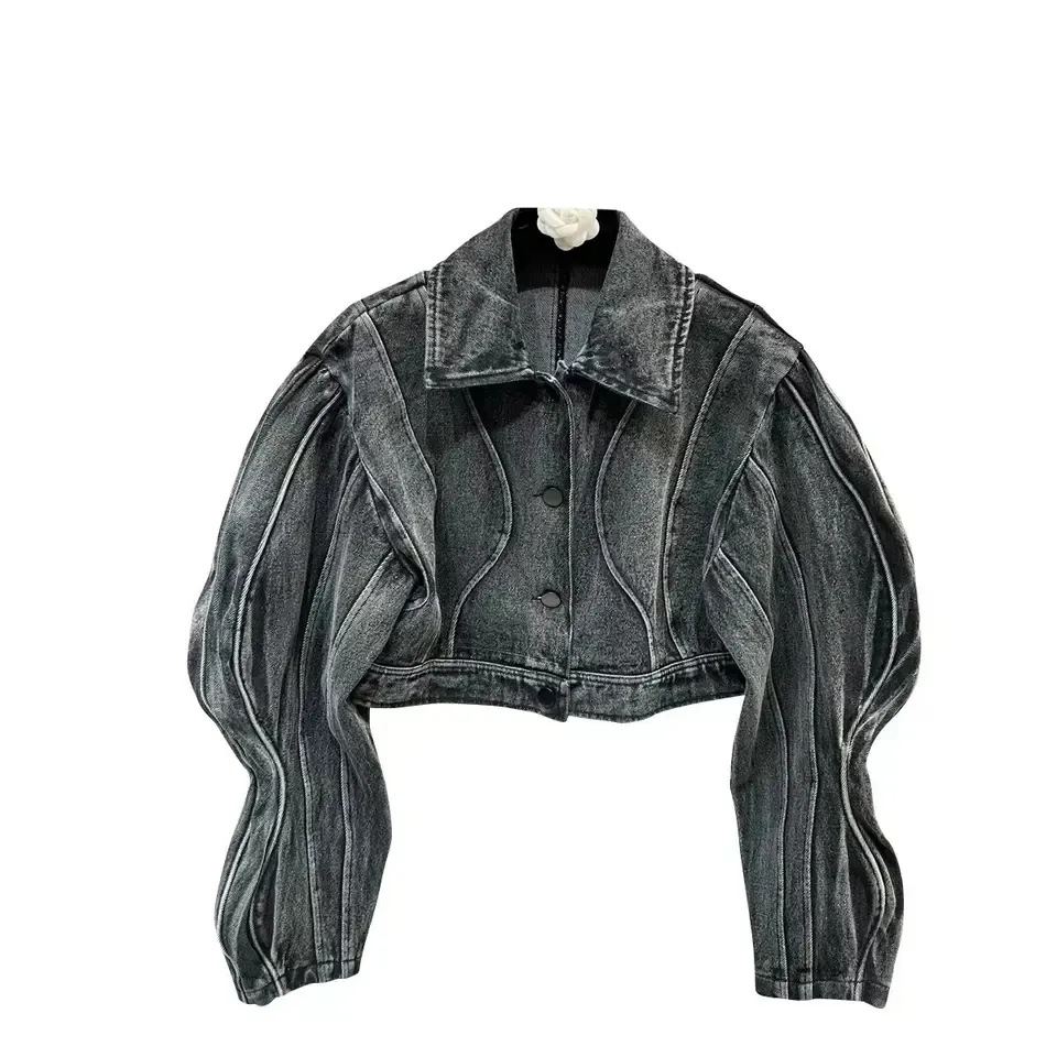 Layanan Oem jaket jins Denim hitam antik untuk wanita jaket longgar mode Lengan siluet panjang Lapel