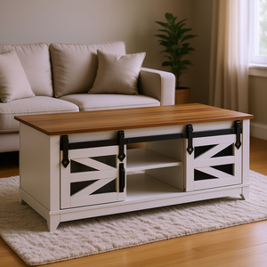 โต๊ะกาแฟทรงสี่เหลี่ยมสไตล์บ้านไร่ ขนาด 48 นิ้ว พร้อมบานเลื่อน 2 บาน ชั้นวางของแบบถอดได้ 2 ชั้น ทำจากไม้สไตล์เรสติก สำหรับห้องนั่งเล่น - Product Image 2