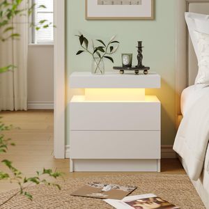 Table de chevet moderne SENYU avec LED blanches, table de chevet pour chambre à coucher avec 2 tiroirs en bois, table d'appoint - Product Image 3