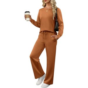 FOXA Women's 2 Piece <b>Lounge</b> Set Full Sleeve Knitted Wide Leg Tracksuit Casual Wear Matching Outfit - Product Image 1