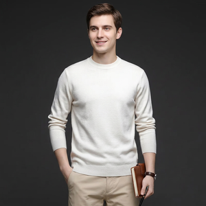 Suéter de Punto para Hombre, Cuello Redondo, Color Blanco Sólido, 100% Algodón, Manga Larga, Casual, Invierno, Corte Regular, Cuello Acanalado - Product Image 2