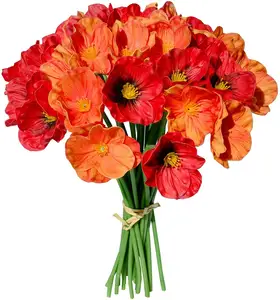 Flores artificiales de seda de amapola para el hogar, decoración de boda, naranja y rojo, 13"