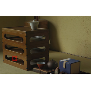 Bamboo Tea Set Storage Box <b>Square</b> Double Layer Dustproof Desktop Rack For Tea Display And Storage - Product Image 4
