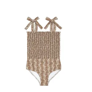 Estampado Floral Smocking Stitch atado correas de hombro escote con volantes traje de baño de una pieza Linda chica joven Bikini niños traje de baño