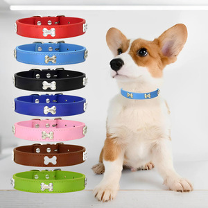 Pu Leather <b>Dog</b> <b>Collar</b> Adjustable Bone Decor Solid Color For Small Medium <b>Large</b> Pets - Product Image 1