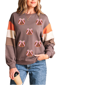 Dear-Lover En gros Sweat-shirt tricoté décontracté couleur kaki foncé, patchwork color block, nœud à sequins et motif citrouille, Automne Hiver Printemps - Product Image 1
