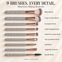 Ensemble de 9 pinceaux de maquillage personnalisés avec strass scintillants, style professionnel, luxe, diamant, support pour pinceaux cosmétiques pour le visage et les contours