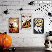 Linda Letrero Metálico de Gato Fantasma Negro y Calabaza, Decoración de Pared de Feliz Halloween para Puerta Principal, Adorno Rústico