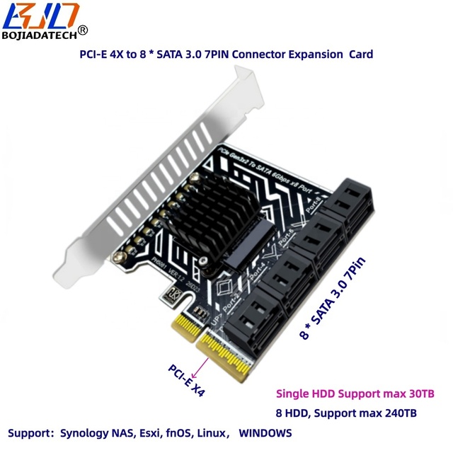 Factory New 8 * SATA 3.0 7PIN Connector to PCI-E 4X PCIe X4 Expansion Riser Card Supports Synology Nas Esxi Linux WINDOWS