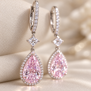Orecchini con zirconi rosa a goccia per donna, gioielli alla moda a forma di pera, eleganti e scintillanti - Product Image 3