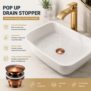 Tappo di Scarico Click Clack in Ottone Massiccio Spazzolato Oro Rosa PVD Senza Troppopieno per Lavabo da Appoggio Bagno - Product Image 1